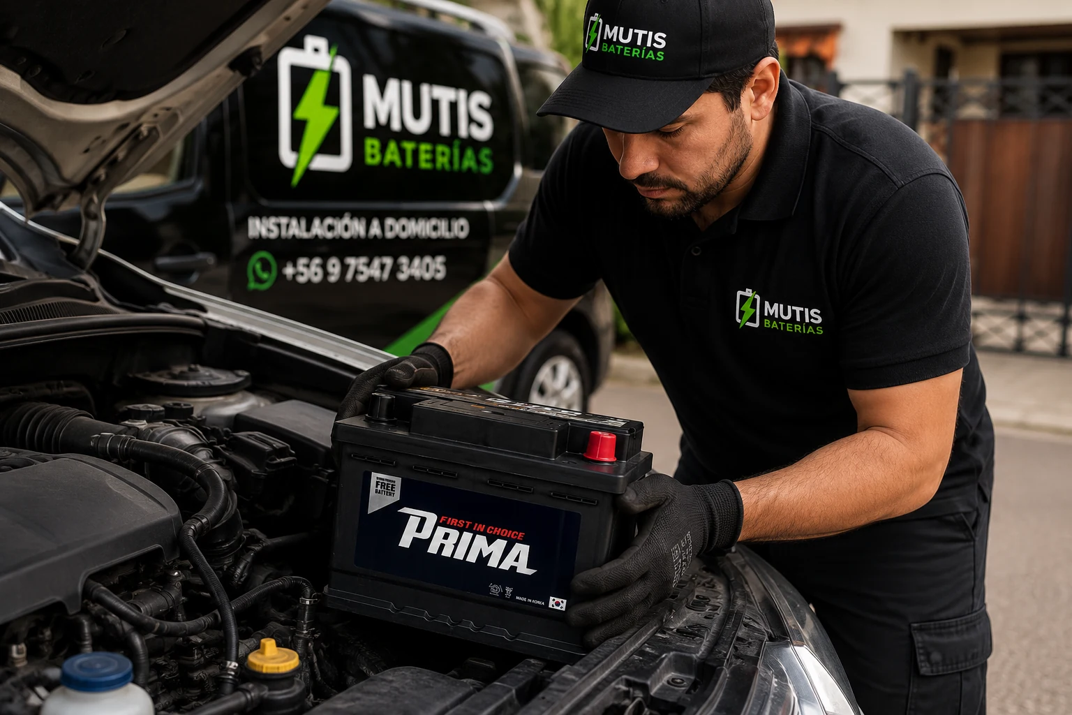Técnico de Mutis Baterías realizando instalación de batería a domicilio en Santiago