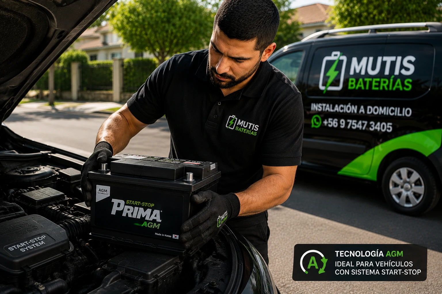 Técnico de Mutis Baterías instalando una batería Prima AGM en un vehículo con sistema Start-Stop